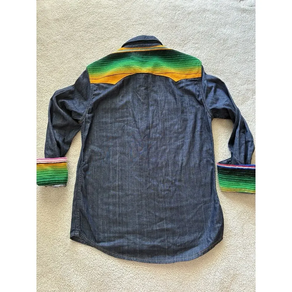 True Religion GEORGIA BAJA WESTERN Shirt Aztec Denim Pearl Snap Med Shirt